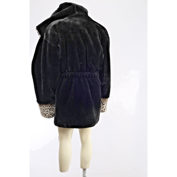 Vintage Black Faux Fur Shearling Coat Leopard Print Collar Cuffs Plush Size M - Picture 8 of 14